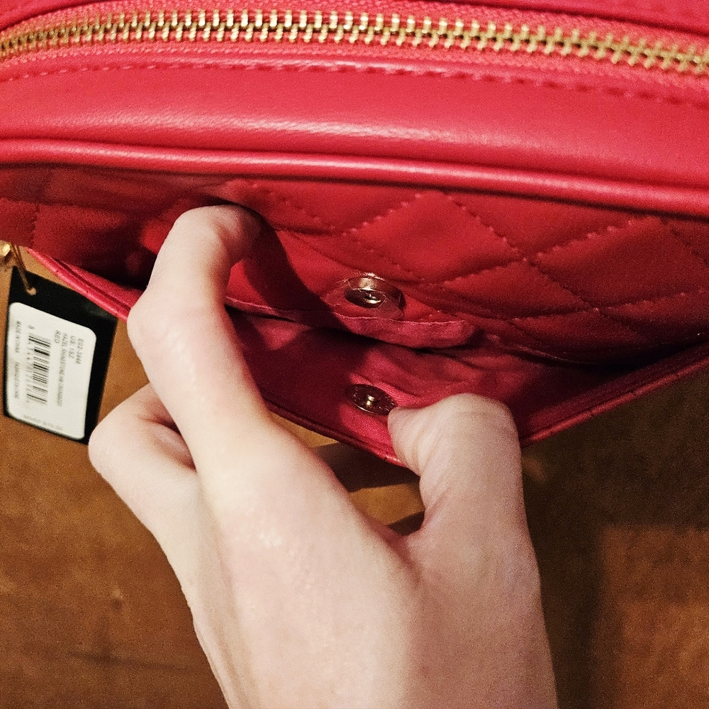 bebe Quilted Red Crossbody Bag with Gold Chain and Crystal Logo - Picture 10 of 16